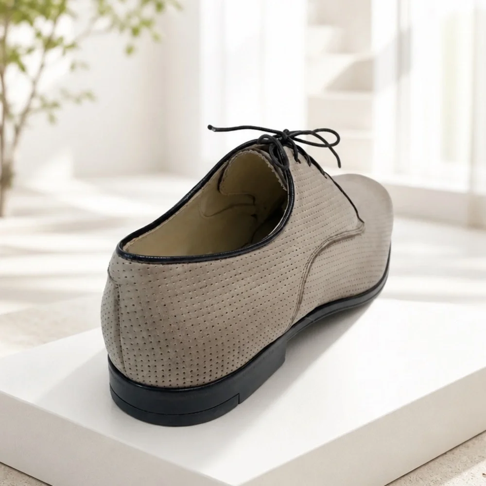Doucal's Men’s Taupe Perforated Soft Leather Comfort Derby Shoes with Black Trim